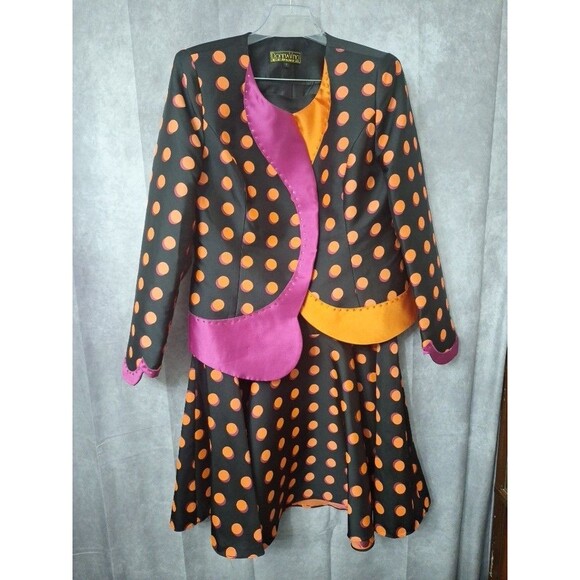 Donna Vinci 2pc Polka Dot Skirt Suit Sz 12 Rhinestones Clown Dopamine Colorful - Picture 2 of 16